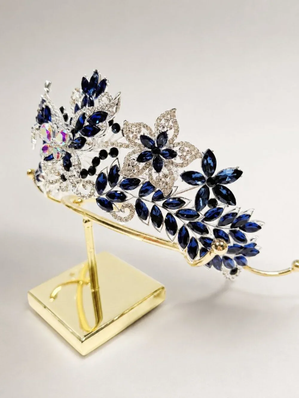 Navy Blue Crystal Butterfly Tiara Crown Silver Beauty Pageant Bridal Prom crown